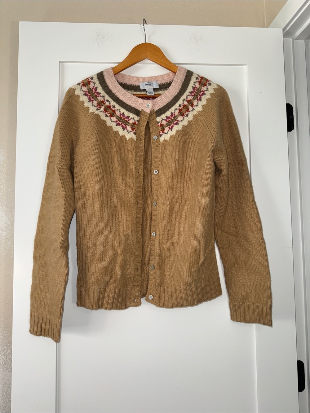 Vintage Old Navy Lambswool Blend Fair Isle Cardigan w/ Pink & Cream Trim Sz LG